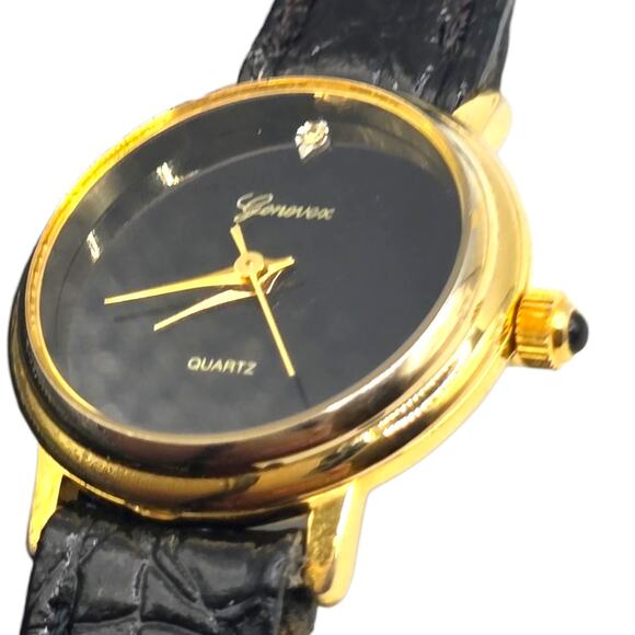 Geneva Quartz Watch Women Black Dial Gold Tone 21mm Genuine Leather Band Read - Picture 1 of 11